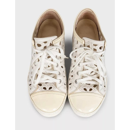 Chanel White Perforated Textile Lace-Up Sneakers EU 38 pre-owned