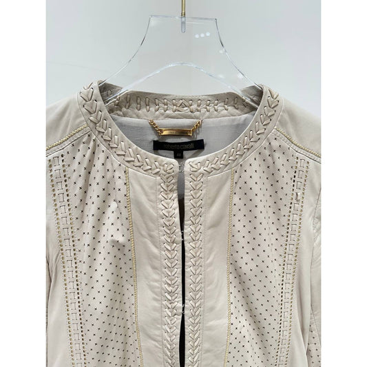 Roberto Cavalli Ivory Leather Cropped Jacket IT 40 Pre-owned