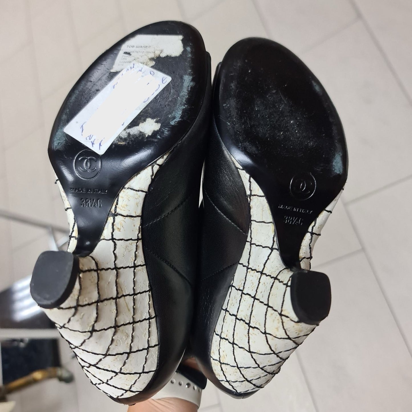 Chanel Open-Toe Leather  Floral Appliqué Sculpted Wedge Heel Booties Sz. 38.5 Pre-owned