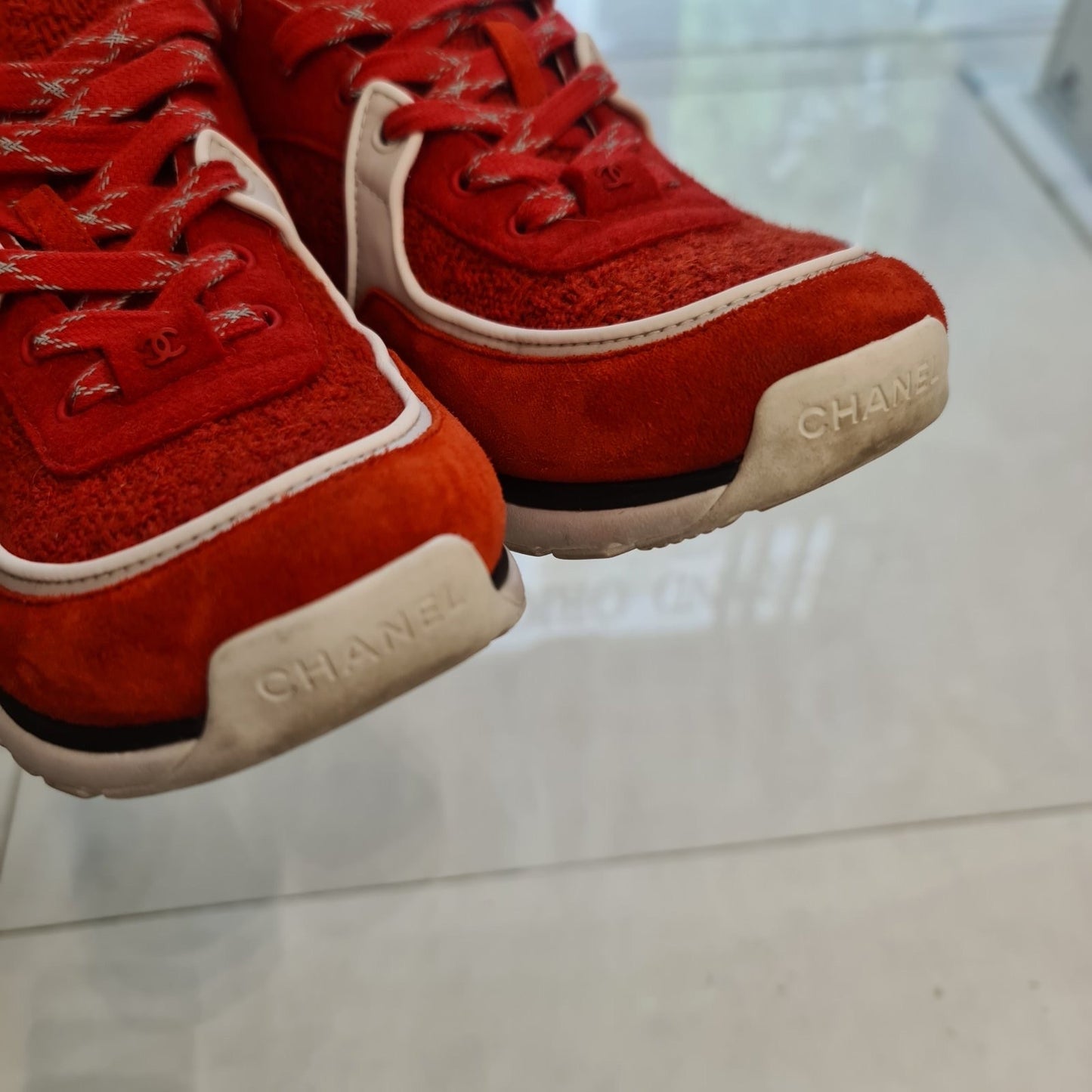 Chanel CC Logo Red Suede & Tweed Sneakers Size 39.5 Pre-owned
