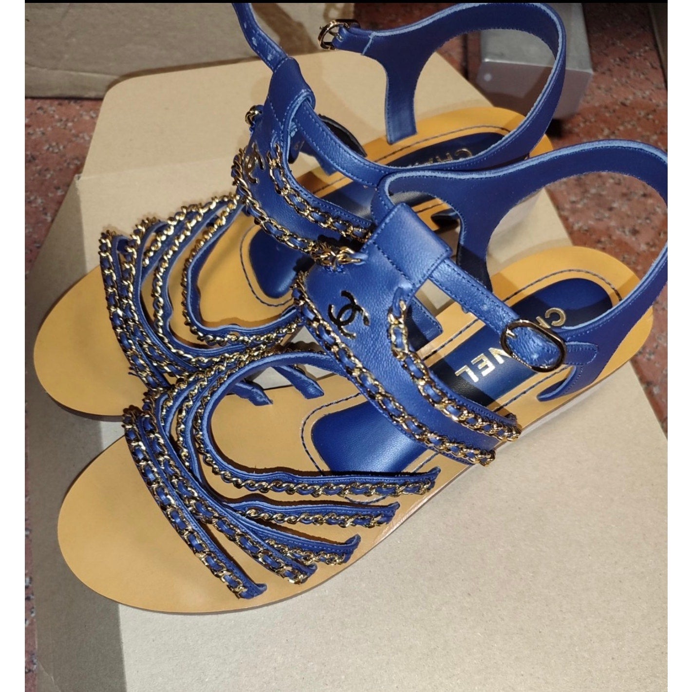 Chanel Blue Leather Chain Sandals - Size 40 Pre-owned