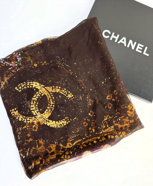 Silk scarf with abstract golden-brown pattern