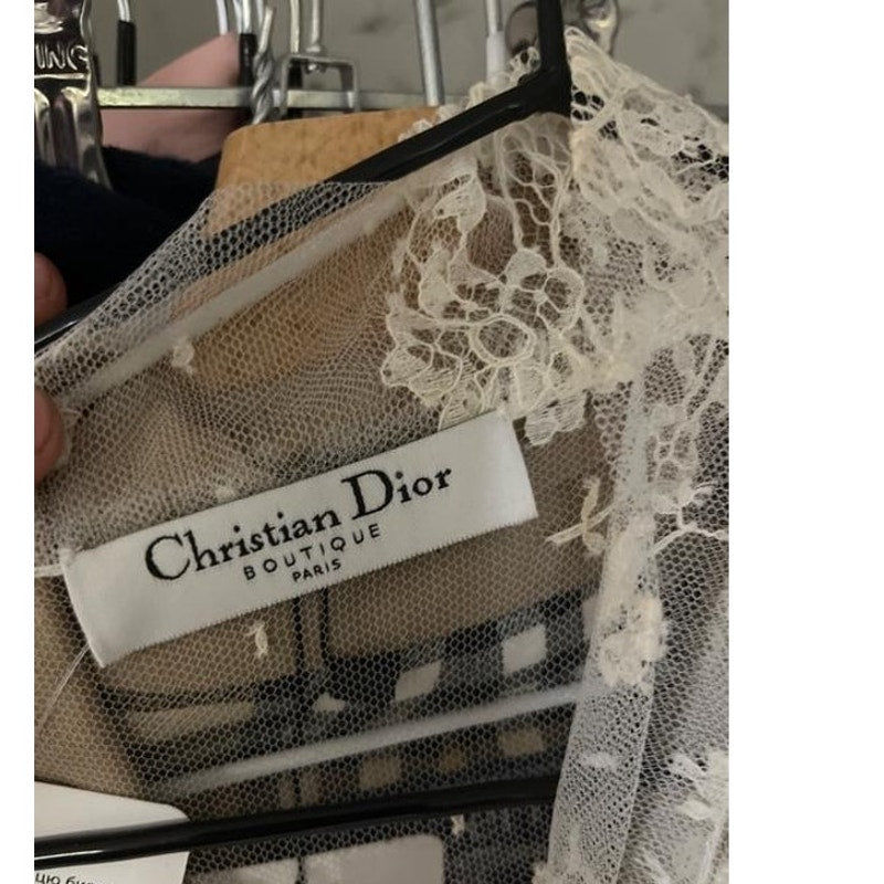 Christian Dior Vintage White Sheer Tie Neck Blouse Long Sleeve S Pre-owned