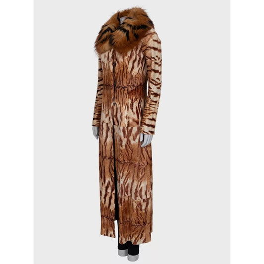 Roberto Cavalli Tiger Print Leather Coat Fur Collar XS pre-owned