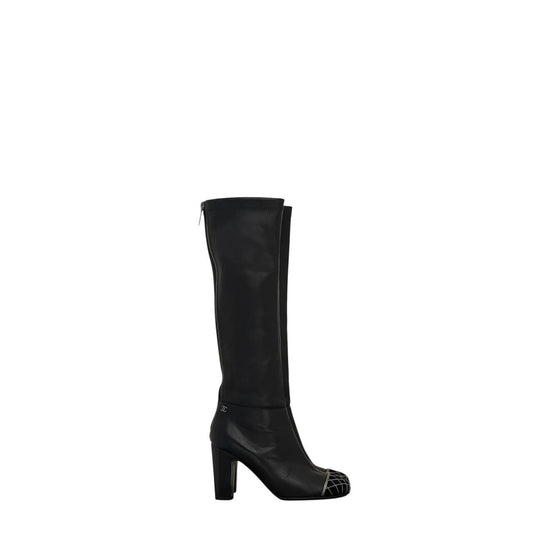 Chanel Black Leather Cap Toe Knee-High Boots Sz.38,5 Pre-owned