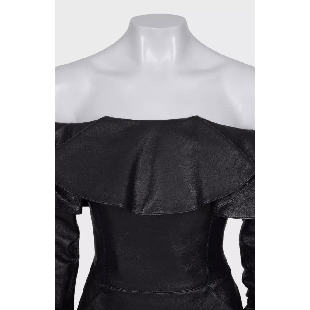 Saint Laurent Black Leather Off-Shoulder Dress Sz.38/M Pre-owned