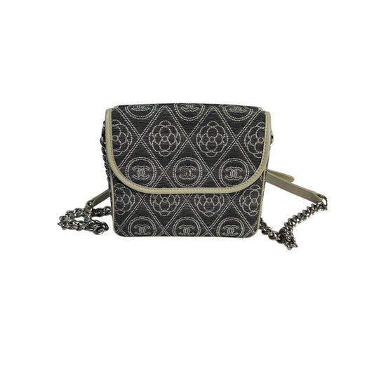 Chanel Camellia Double Side Flap Bag Quilted Printed Canvas Small Gray pre-owned