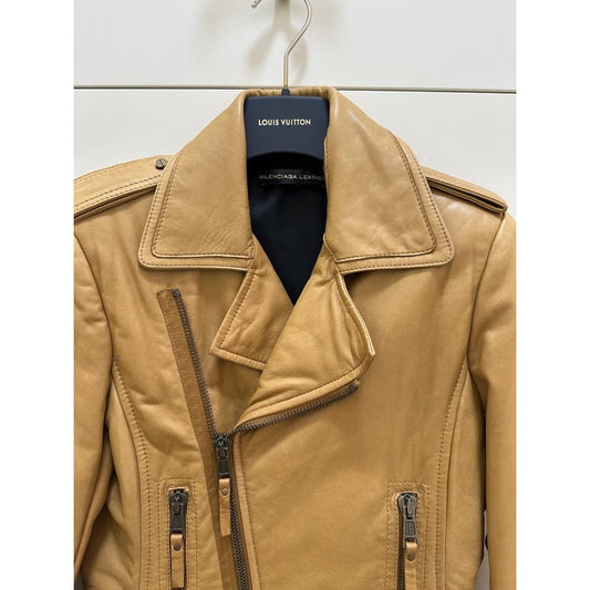 Balenciaga 2009 Tan Khaki Lamb Leather Biker Jacket Sz.40 Pre-owned