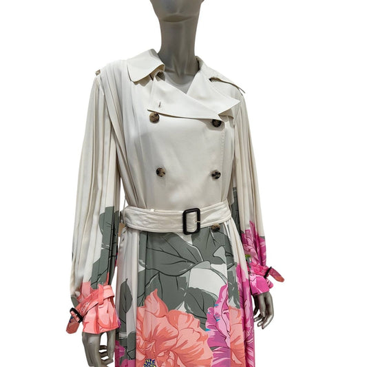 Valentino Camellia Silk Pleated Avorio & Fuchsia Trench Coat Sz.42 pre-owned