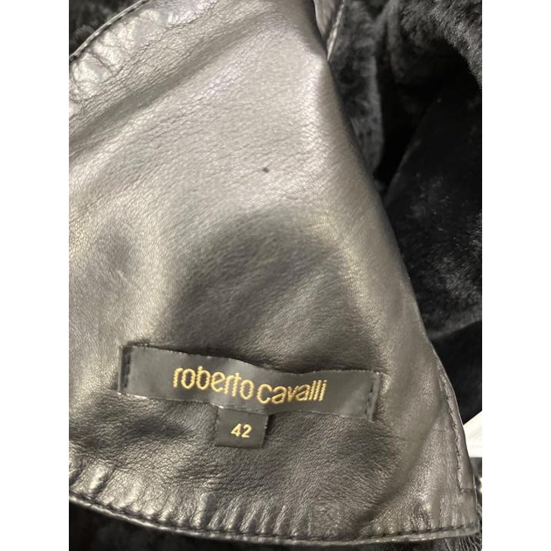 Roberto Cavalli Black Leather Shearling Jacket Fox Fur Trim IT 42 M Pre-owned