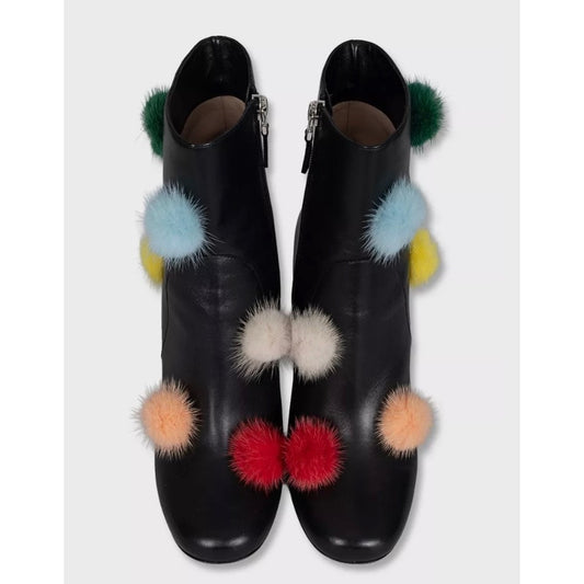 NWB Fendi Black Leather Ankle Boots Fur Pompom EU 39.5 Pre-owned