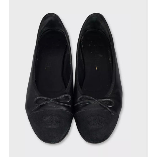 Chanel Black Leather Textile Toe Ballet Flats Sz.37.5 pre-owned