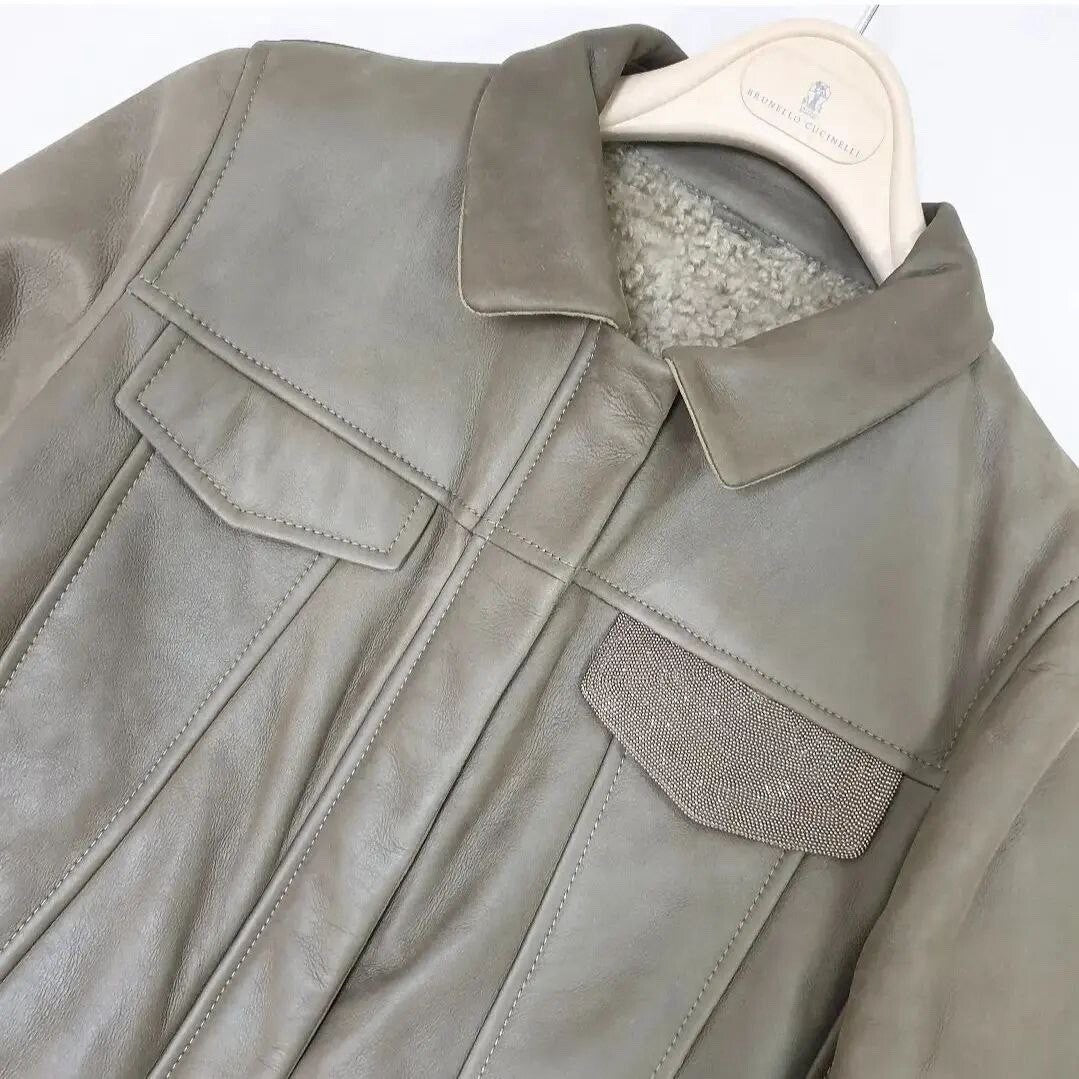 Brunello Cucinelli  Brown Grey Shearling Leather Jacket Sz.38