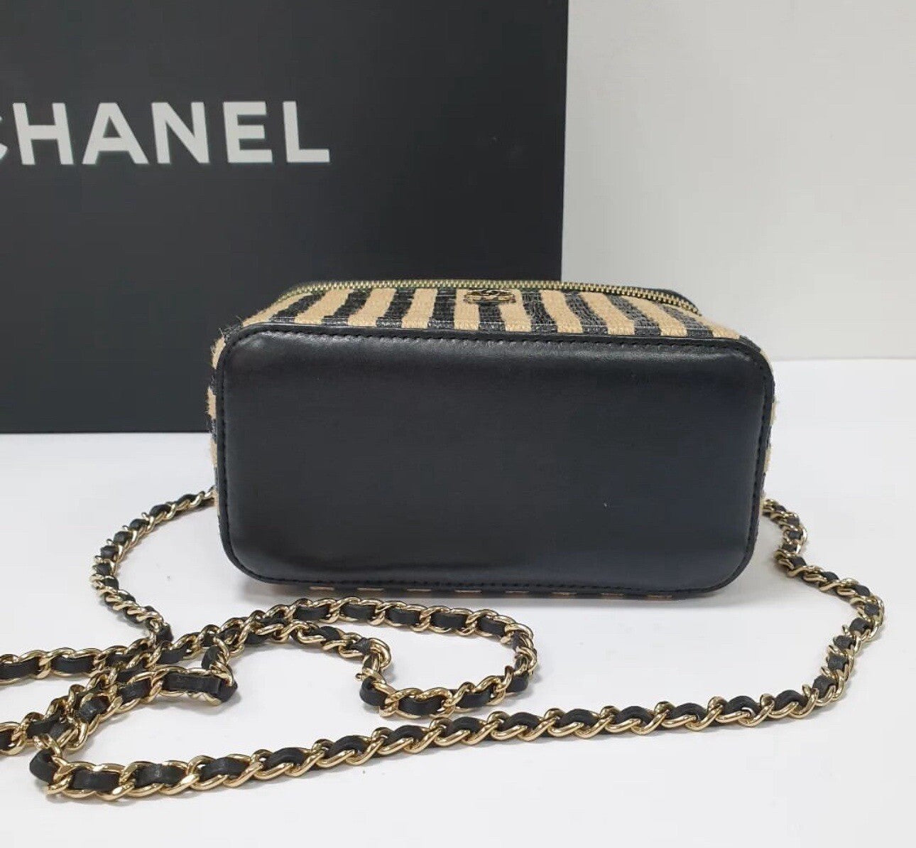 Chanel Vanity Chain Raffia Jute Thread Black Beige Bag
