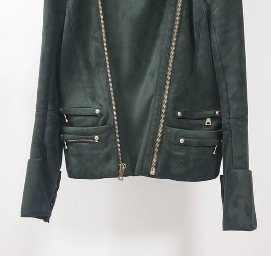 Balmain Green Women's Shearling Biker Style Jacket Jacket Sz.38