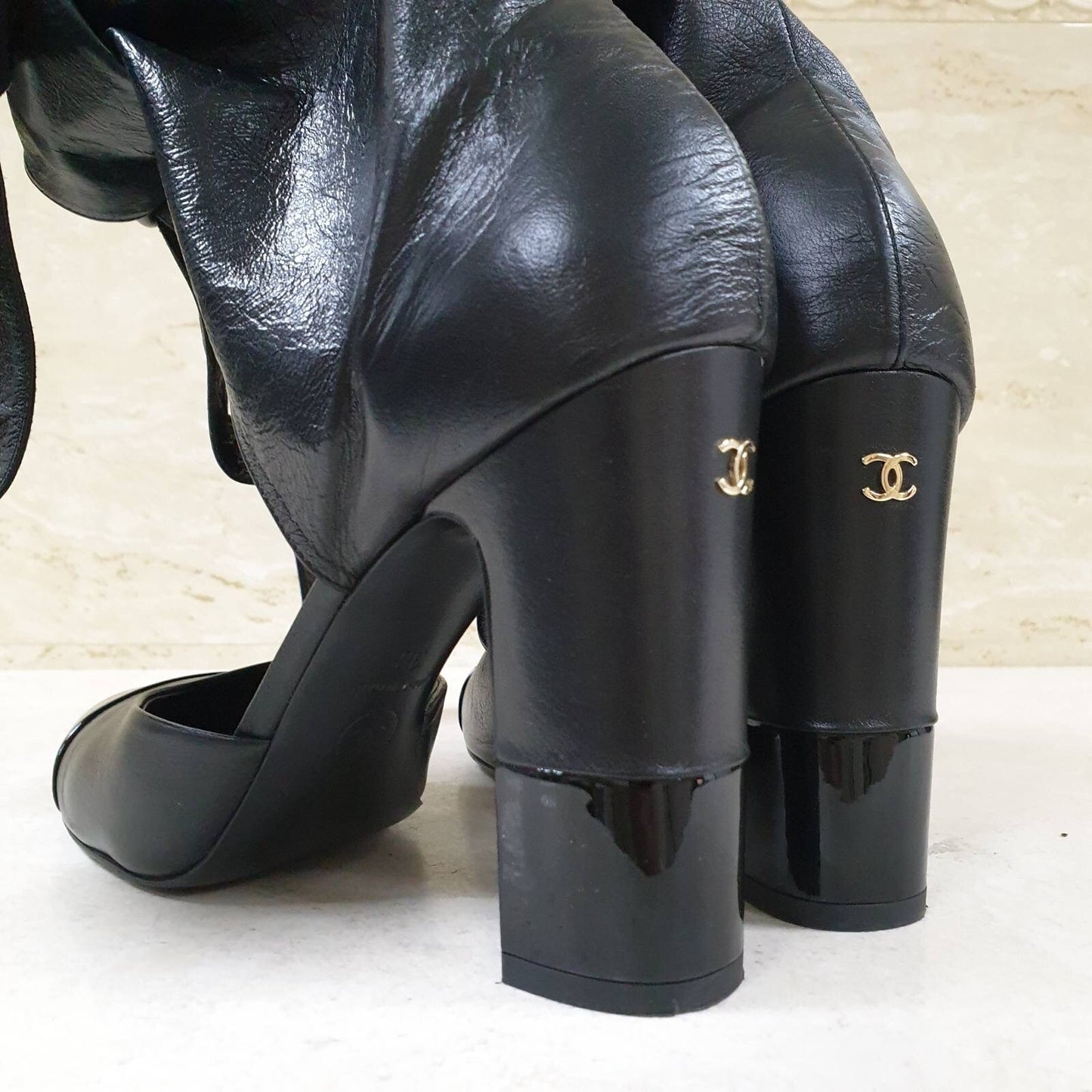 Chanel Black Leather Lace Up Heeled Sandals Sz.38