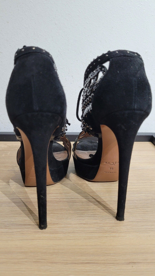 ALAIA Black Laser Cut Leather Suede Studs Platform Heels Sandals sz.38