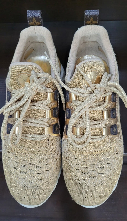 Louis Vuitton Gold Knit Fabric Leather Aftergame Sneakers Sz.40