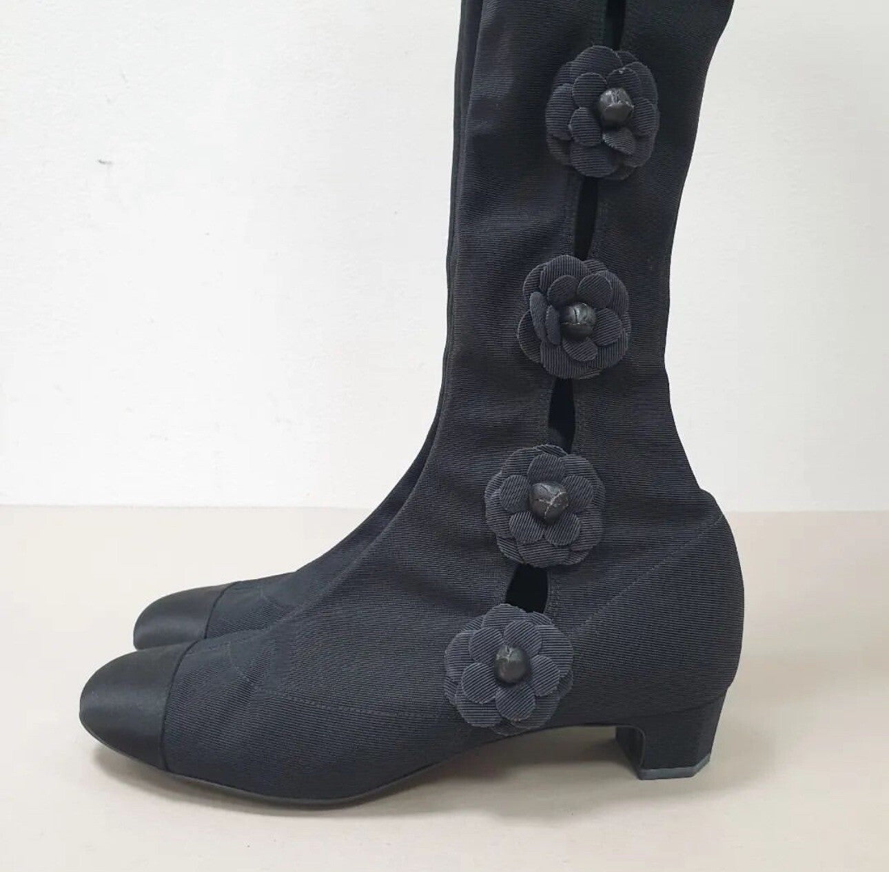 Chanel Black Textile Camellia  Over The Knee Sokcks Boots  Sz. 38,5
