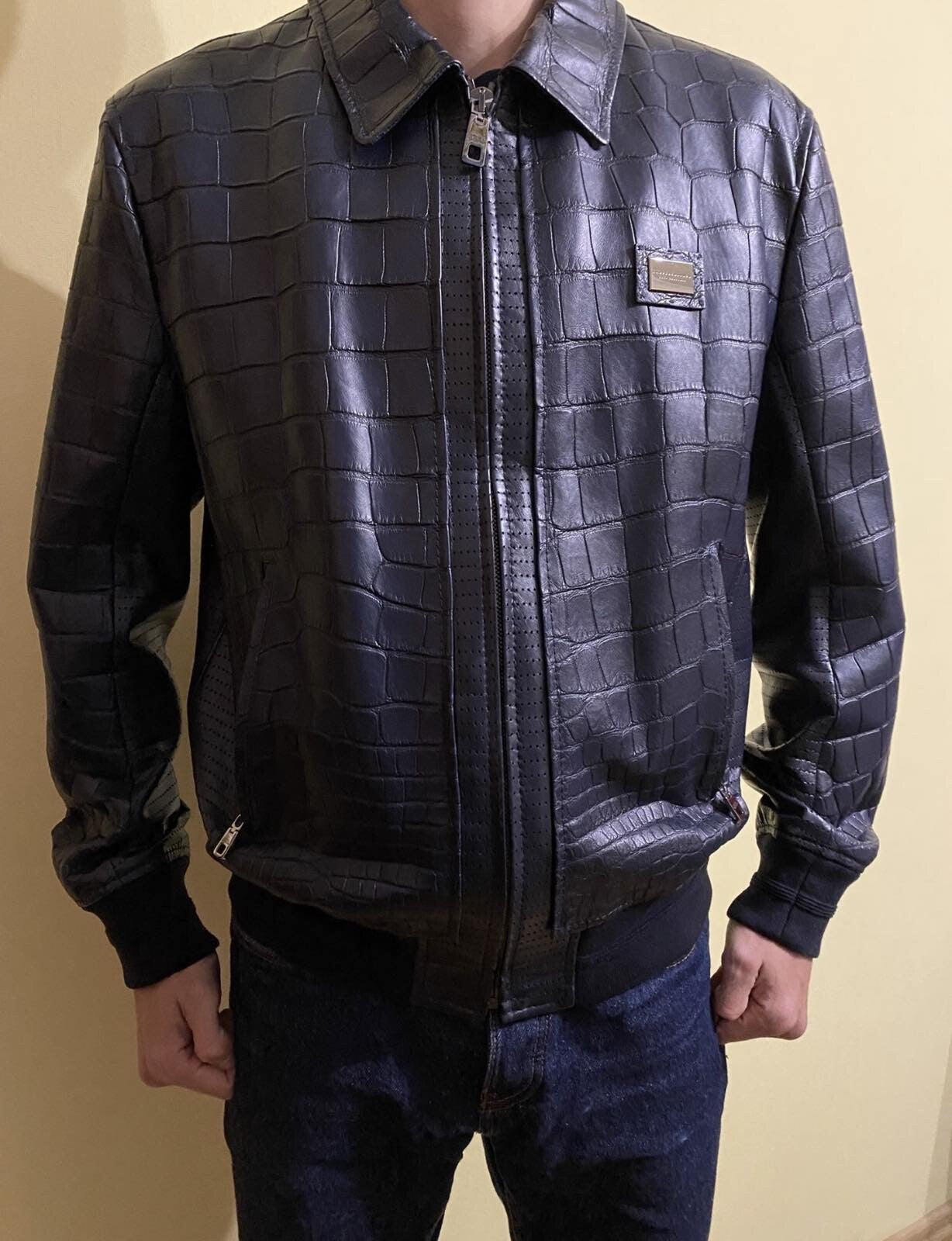 Dolce and Gabbana Navy Crocodile Bomber Jacket Sz.48-50