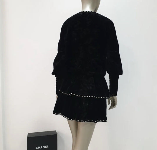 SAINT LAURENT Studded Ruffled Velvet Mini Black Dress Sz 36