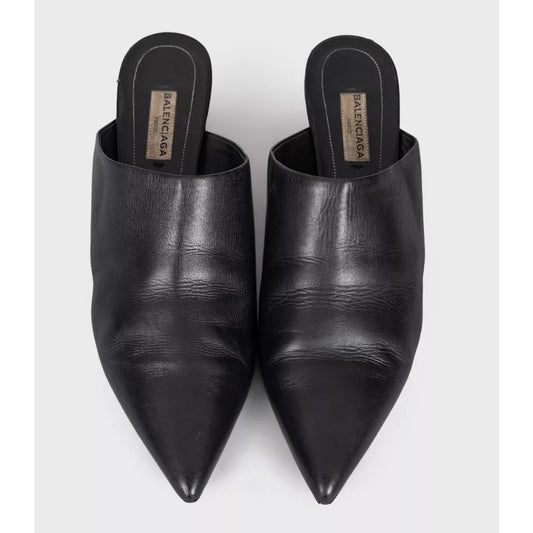 Balenciaga Black Leather Pointed Toe Mules Size 38 Pre-owned