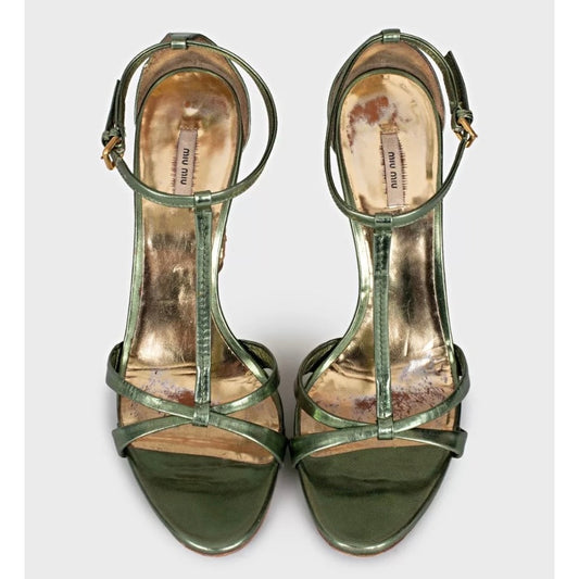 Miu Miu Green Leather Crystal Block Heel Sandals Sz 37.5 pre-owned