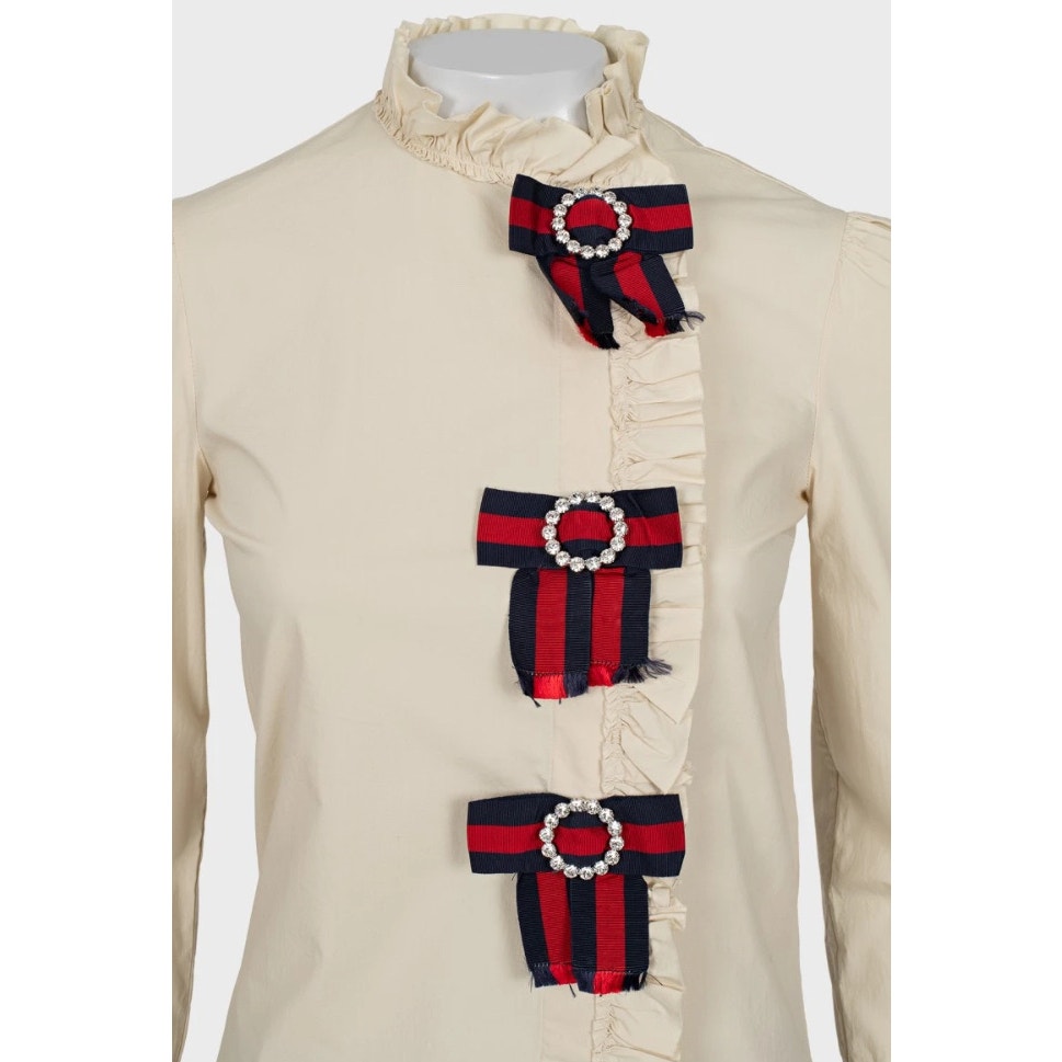 Gucci Crystal Bow Beige Cotton Shirt - Size XS (IT 38) pre-owned