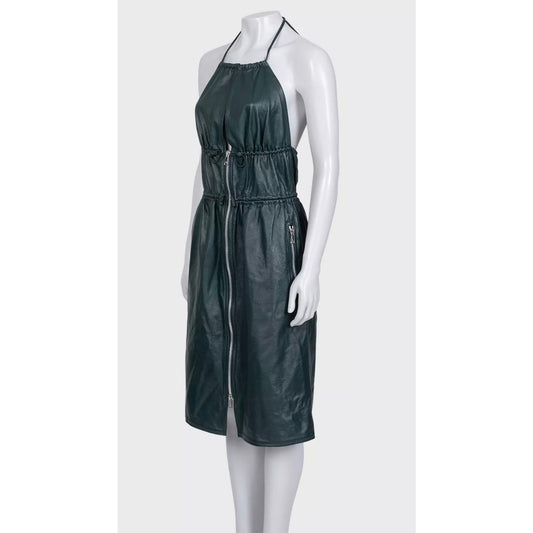 Bottega Veneta Green Leather Fitted Dress Sz.40 Pre-owned