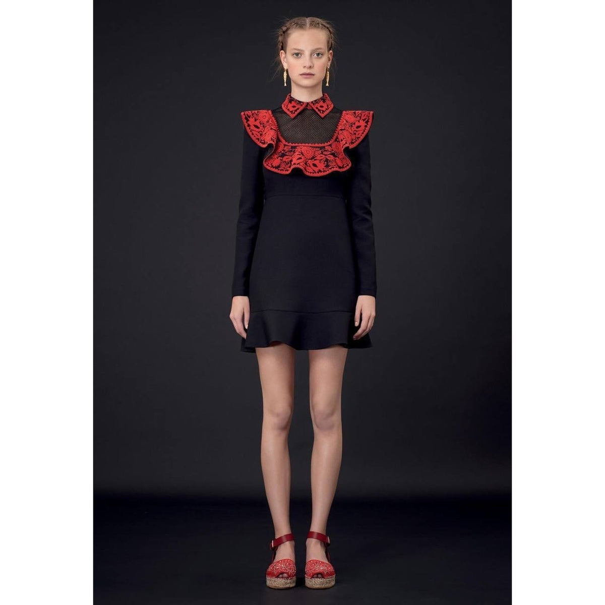 Valentino Black & Red Embroidered Mini Dress Sz.40 Pre-owned