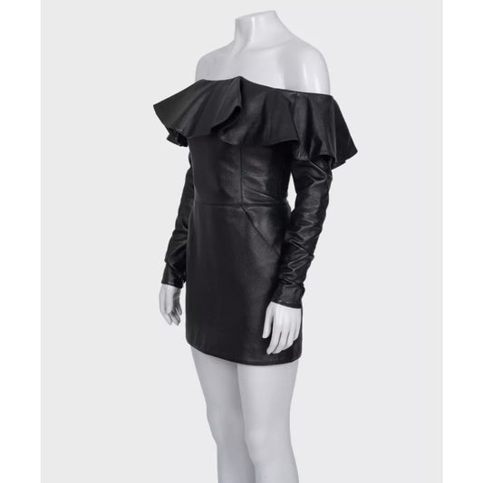 Saint Laurent Black Leather Off-Shoulder Dress Sz.38/M Pre-owned