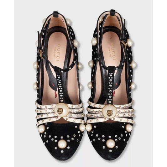 Gucci Ofelia Black Suede Heels - Size 38.5 pre-owned