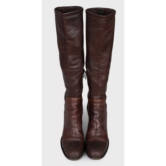 Prada Brown Leather Embroidered Toe Knee High Boots Size 35.5 Pre-owned