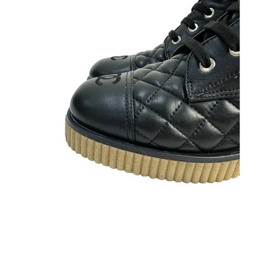 Chanel 20B Black Quilted CC Platform Combat Boots pre-owned