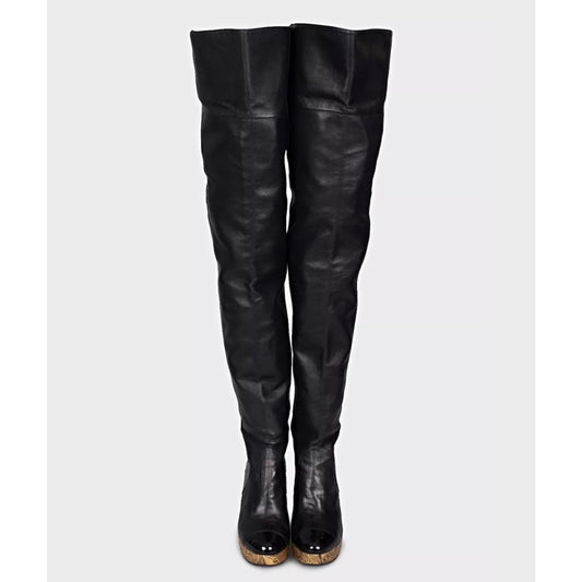 Chanel Paris-Moscow Black Leather Over-the-Knee Wedge Boots - Size 37.5 Pre-owned