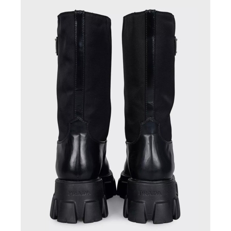 Prada Monolith Black Leather Boots with Silver-Tone Logo - EU 39 Pre-owned