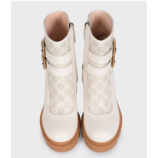 Gucci White Leather Ankle Boots with Buckle Detail Sz.38.5 pre-owned