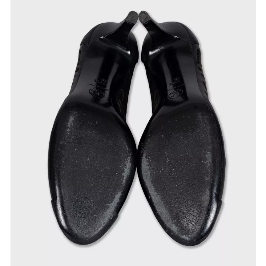 Chanel Black Leather Perforated Mesh Block Heel Pumps Sz.39.5 Pre-owned