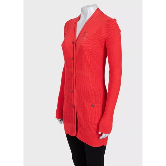 CHANEL Red Silk Cotton Blend Fitted Long Cardigan FR 38 M Pre-owned