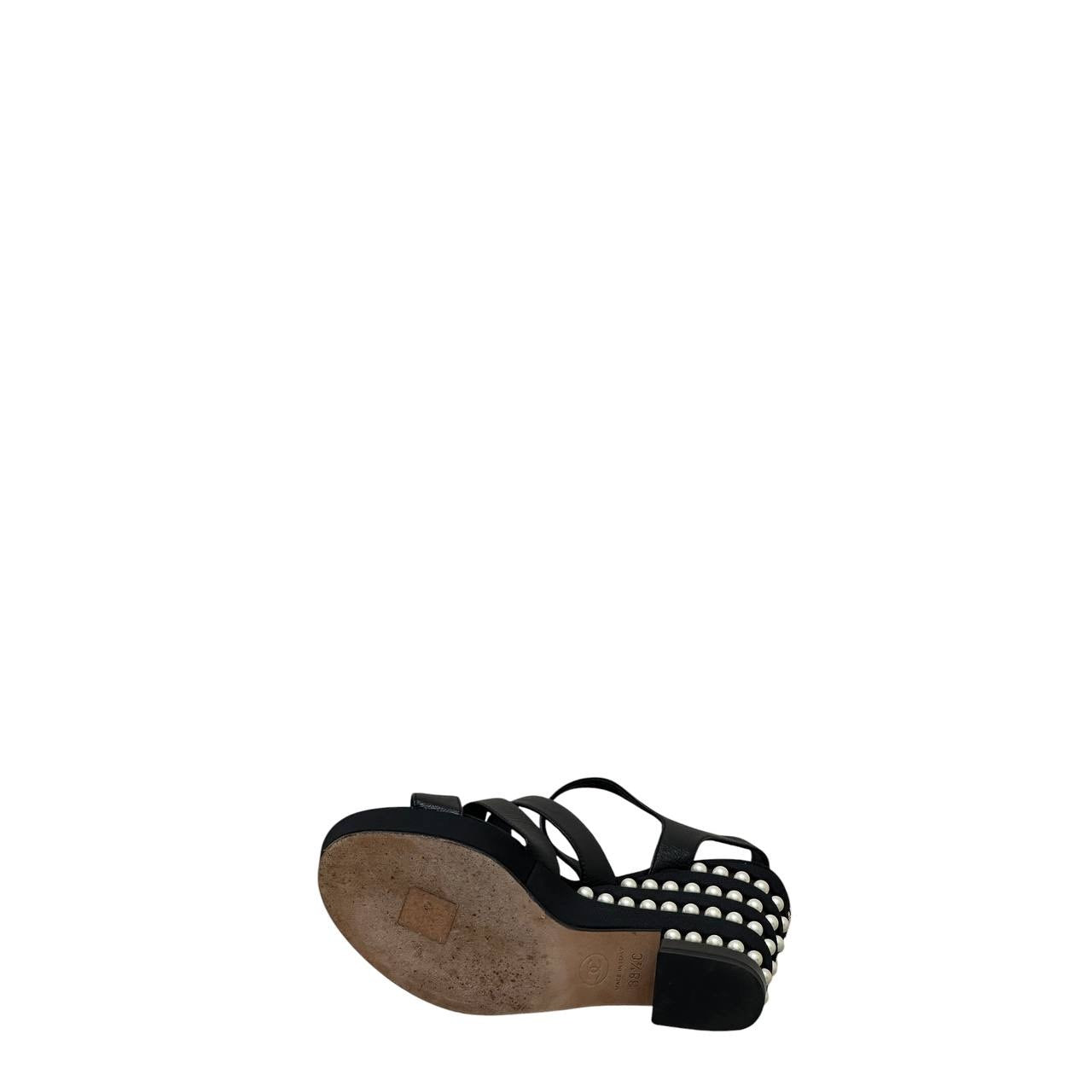 Chanel 2019 Black CC Logo Faux Pearl Platform Sandals Sz.38.5 Pre-owned