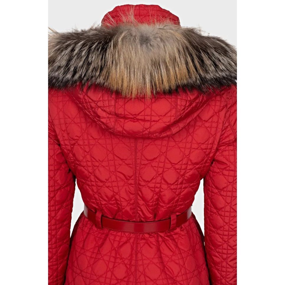 Christian Dior Red Down Coat with Fox Fur Trim - Size 38/M Pre-owned