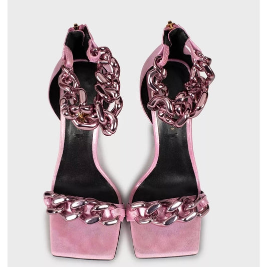 Versace Pink Medusa Textile Heeled Sandals 38.5 pre-owned
