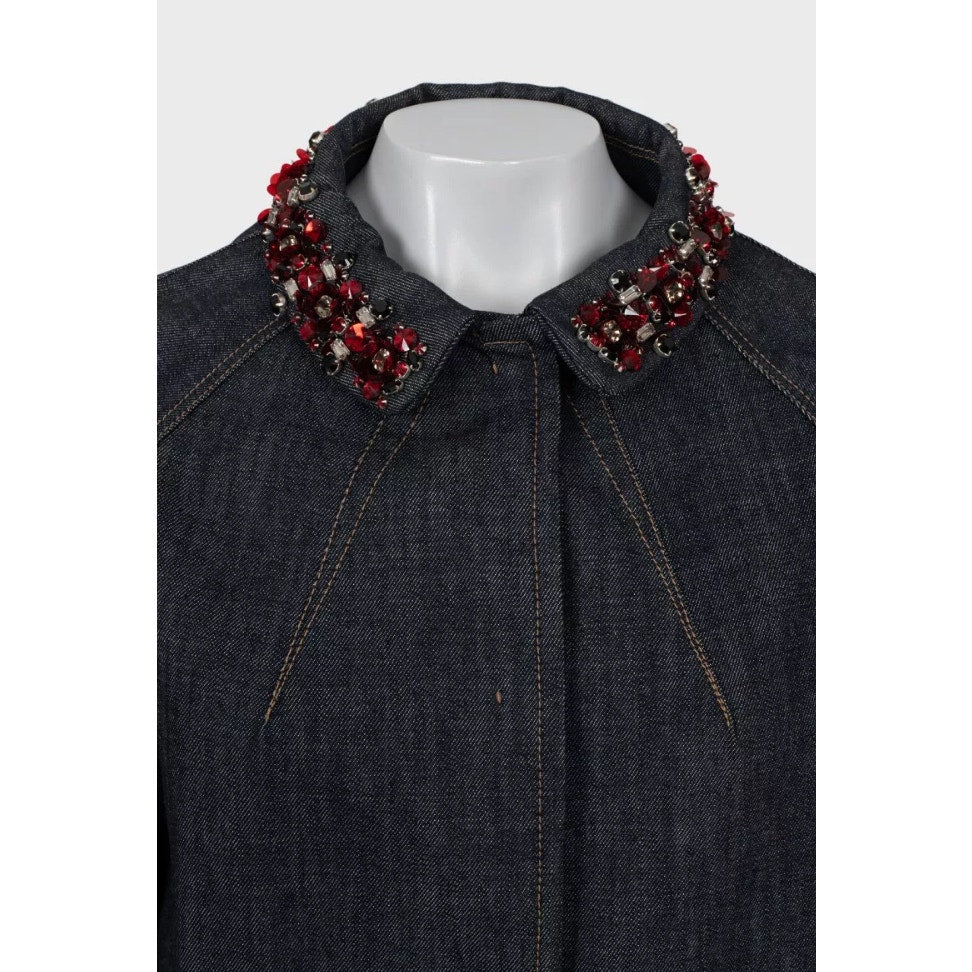 Miu Miu Blue Denim Rhinestone Embellished Coat Sz.42/M Pre-owned