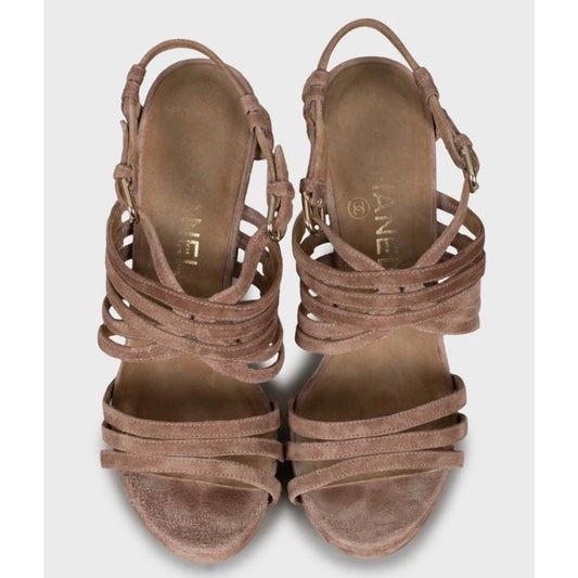 Chanel Brown Suede Block Heel Sandals Sz 36.5 pre-owned