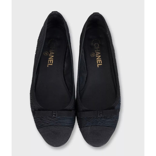 Chanel Black Textile Ballerina Flats with Bows, Size 38.5 Pre-owned