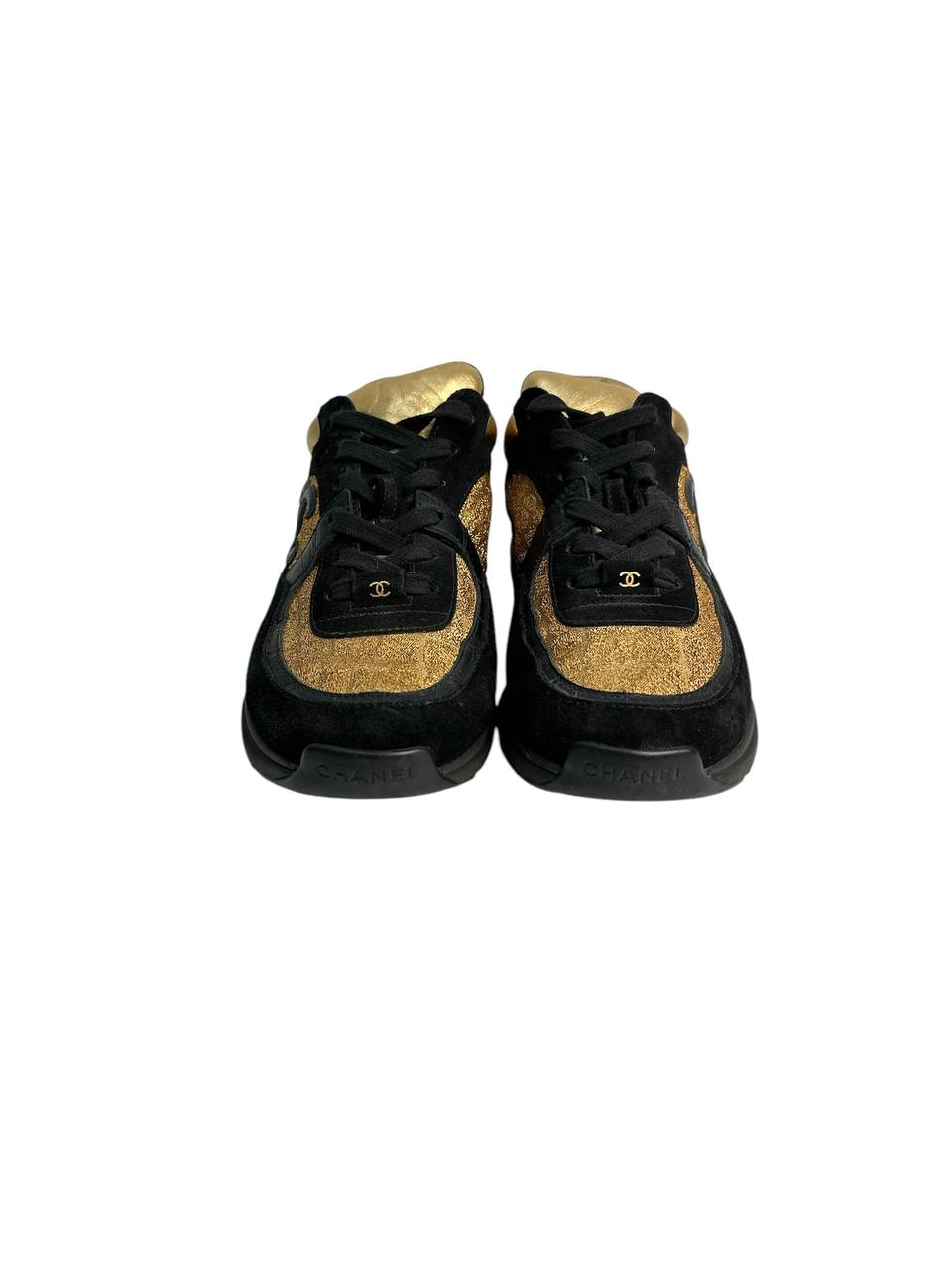 Suede and Glitter Fabric Sneakers in Black and Gold