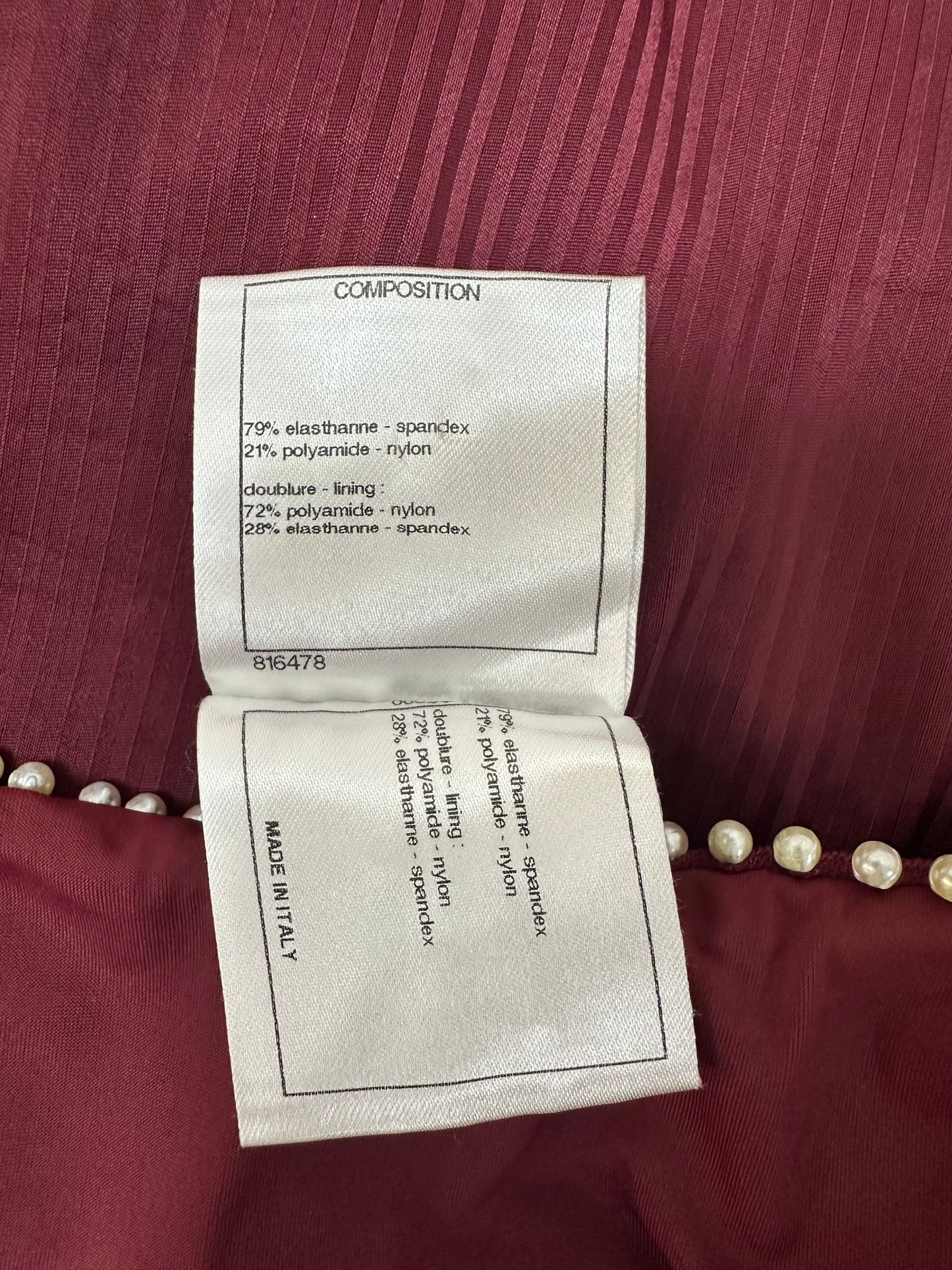 Burgundy swimsuit with pearls and draped neckline