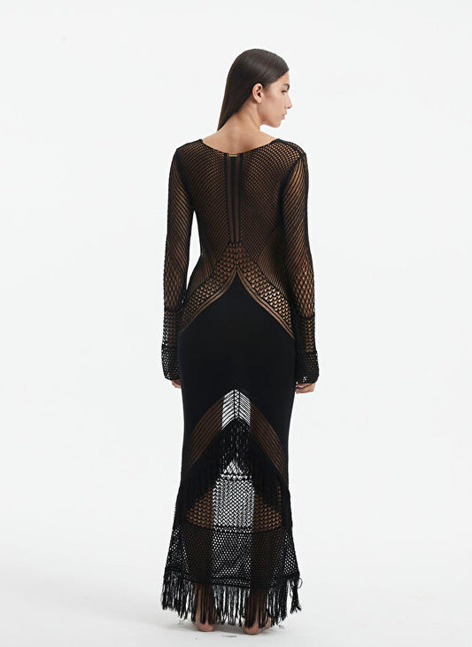 Dress with lace-knit design and sheer inserts