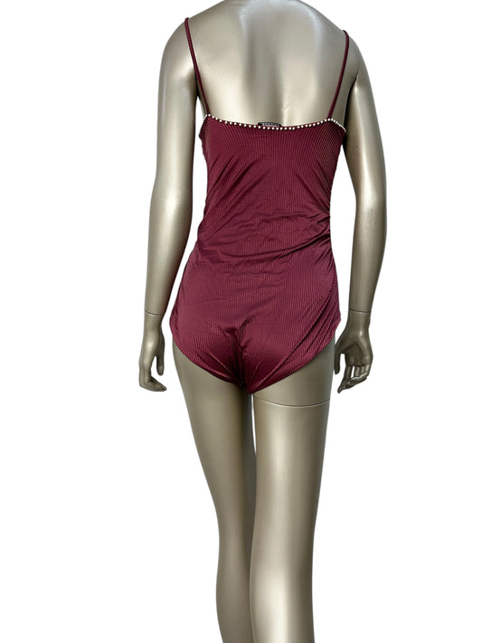 Burgundy swimsuit with pearls and draped neckline