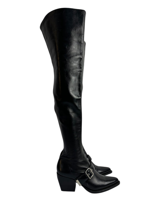 Leather over-the-knee boots with buckle and block heel